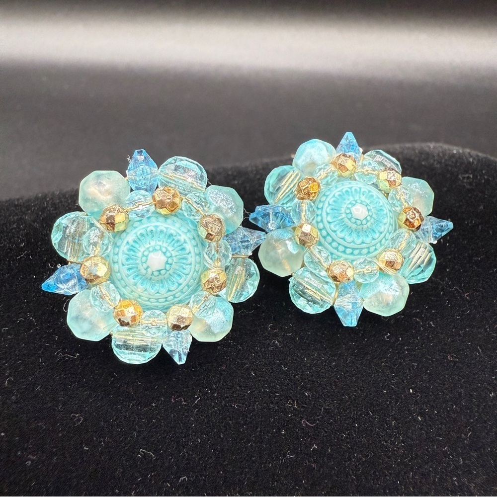 Vintage West Germany Signed 1950s Blue Cluster Earrings - Clip On